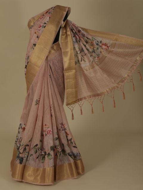 

Pothys Pink & Gold-Coloured Linen Blend Printed Saree