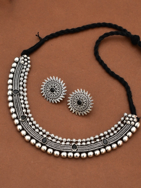 

Silvermerc Designs Oxidized Silver-Plated & Black Stone-Studded Jewellery Set