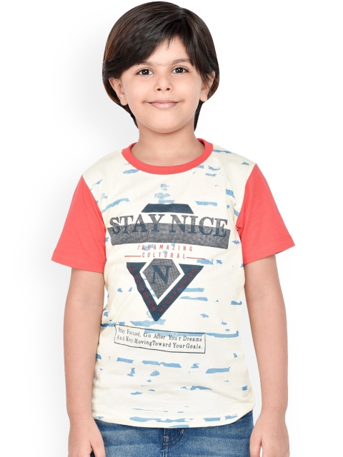 

ORANGE PUMPKKIN Boys Off-White & Orange Printed Round Neck T-shirt