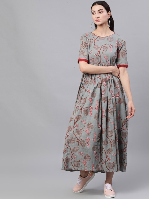 Nayo Women Olive Green Floral Printed Maxi Dress