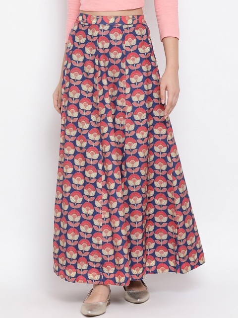 

Span Women Navy Blue & Pink Floral Printed Maxi Flared Pure Cotton Skirt