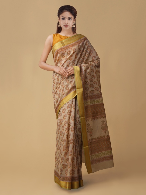 

Unnati Silks Brown & Gold-Coloured Cotton Blend Woven Design Chanderi Saree