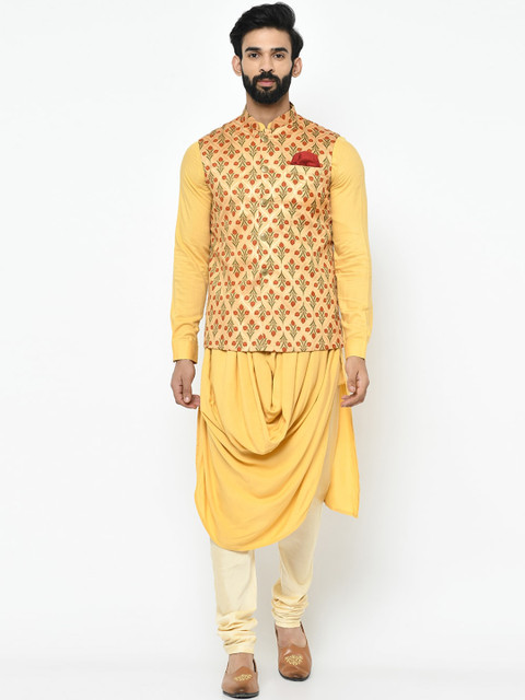 

Vartah Men Gold-Toned & Maroon Printed Kurta with Churidar & Nehru Jacket