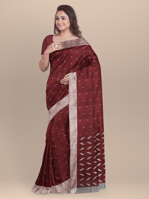 

BharatSthali Maroon & Silver-Toned Pure Silk Woven Design Chanderi Saree