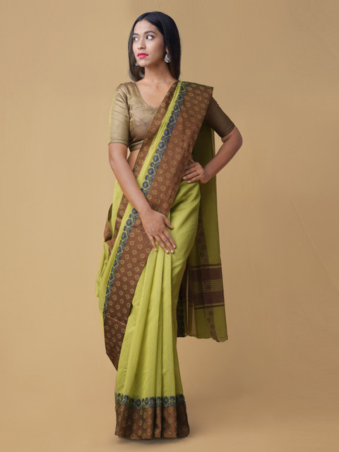 

Unnati Silks Green Silk Cotton Striped Banarasi Saree