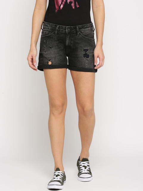 

Pepe Jeans Women Black Washed Regular Fit Distressed Denim Shorts
