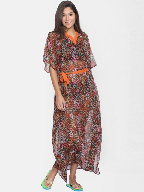 

The Kaftan Company Women Brown & Pink Printed Sheer Maxi Cover Up Dress