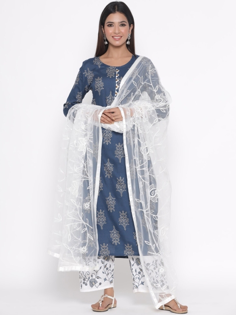 

Silai Bunai Women Blue & White Printed Kurta with Palazzos & Dupatta