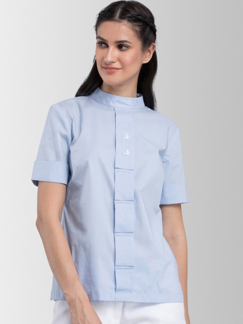 

FableStreet Women Blue Solid High Neck Fold Detail Pure Cotton Top