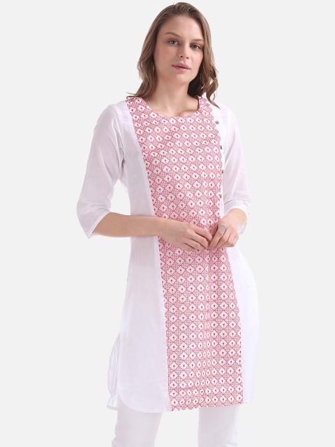 Karigari Women White & Pink Embroidered Straight Kurta