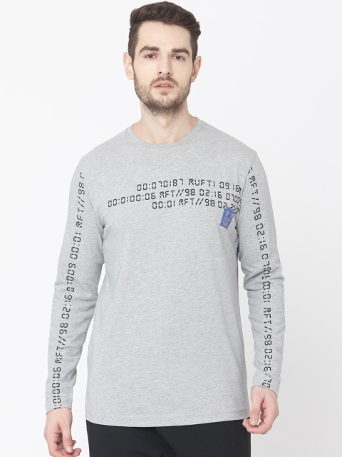 

Mufti Men Grey Melange Printed Round Neck T-shirt