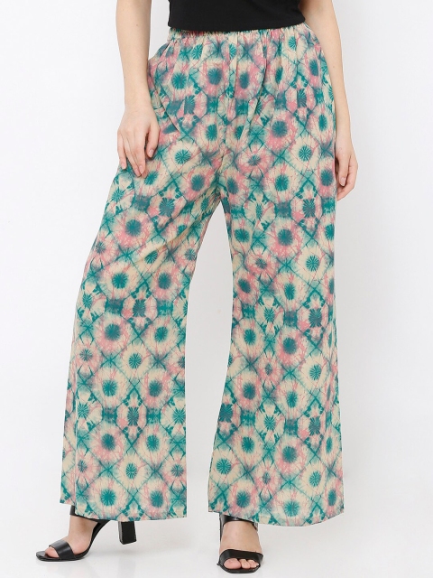 

SALWAR STUDIO Women Cream-Coloured & Turquoise Blue Printed Wide Leg Palazzos