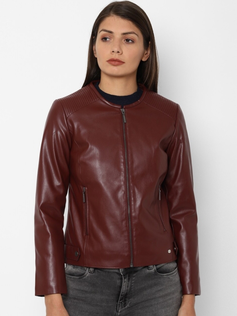 Allen Solly Woman Women Maroon Solid Leather Jacket