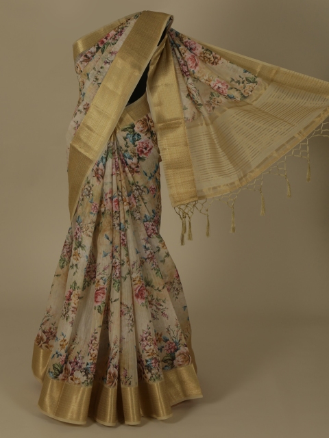 

Pothys Beige & Blue Linen Blend Printed Saree