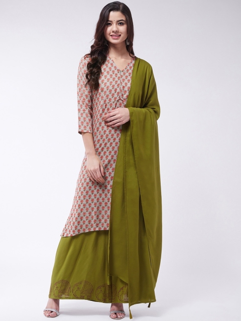 InWeave Women Grey & Olive Green Printed Kurta with Palazzo & Dupatta