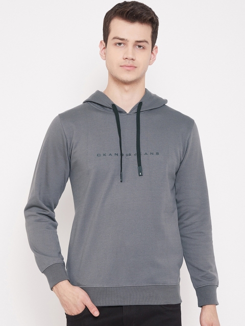 

Okane Men Grey Solid Hooded Sweatshirt