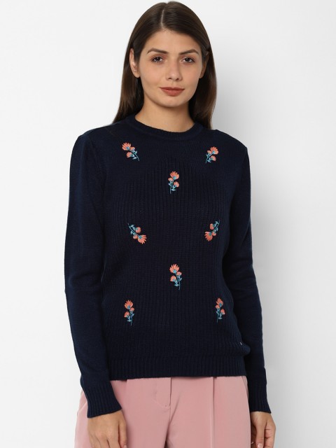 

Allen Solly Woman Navy Blue & Peach-Coloured Embroidered Pullover Sweater