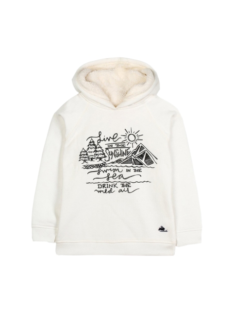 

Cherry Crumble Boys White Printed Hooded Sweatshirt