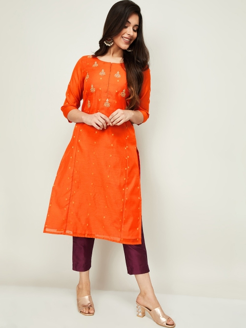 

Melange by Lifestyle Women Orange & Gold-Coloured Embroidered Kurta with Trousers