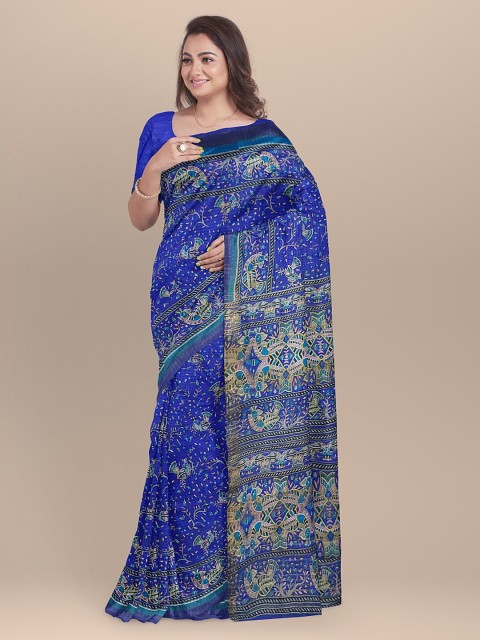 

BharatSthali Blue Pure Silk Printed Tussar Sustainable Saree