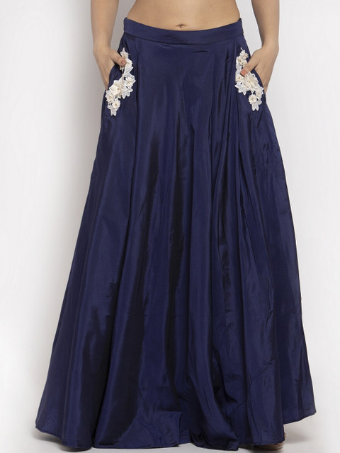 

Just Wow Women Navy Blue Solid Pure Silk Maxi A-Line Skirt