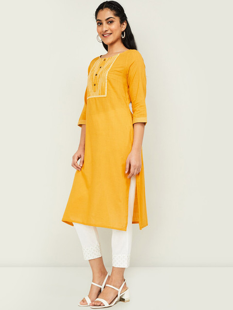 

Melange by Lifestyle Women Mustard Yellow Embroidered A-Line Kurta