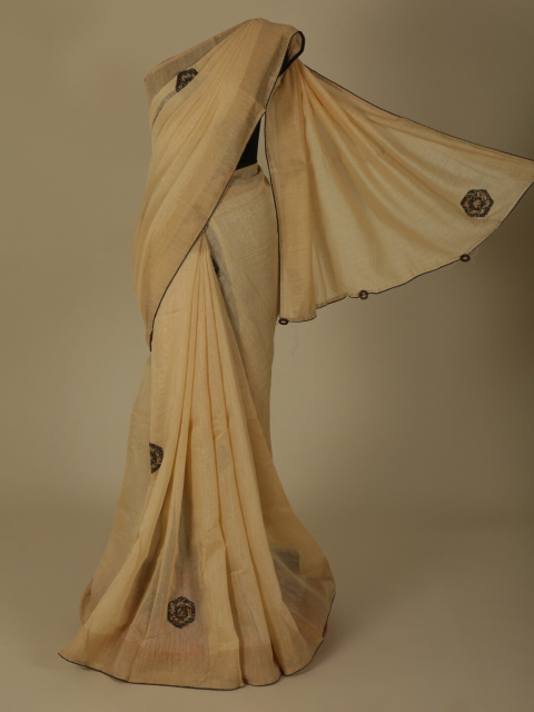 

Pothys Cream-Coloured & Black Linen Blend Embellished Saree