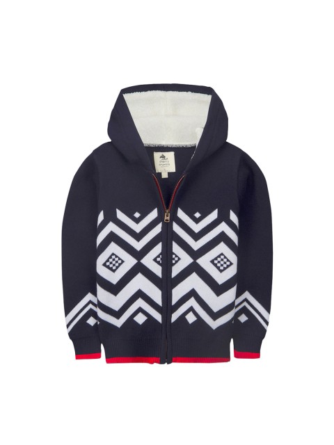 

Cherry Crumble Boys Navy Blue & White Printed Front-Open Sweater