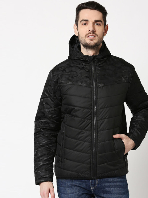 

Bewakoof Men Black Self Design Water Resistant Padded Jacket