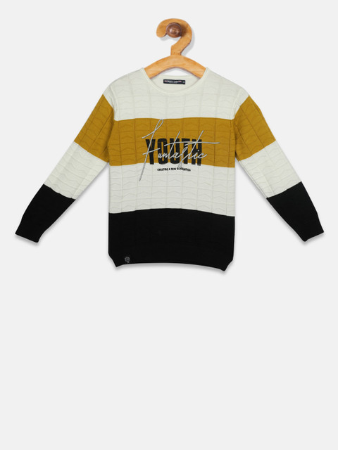 

Monte Carlo Boys Off-White & Mustard Yellow Colourblocked Pullover Sweater