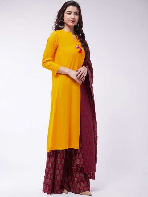 

InWeave Women Mustard Yellow & Maroon Solid Kurta with Palazzos & Dupatta
