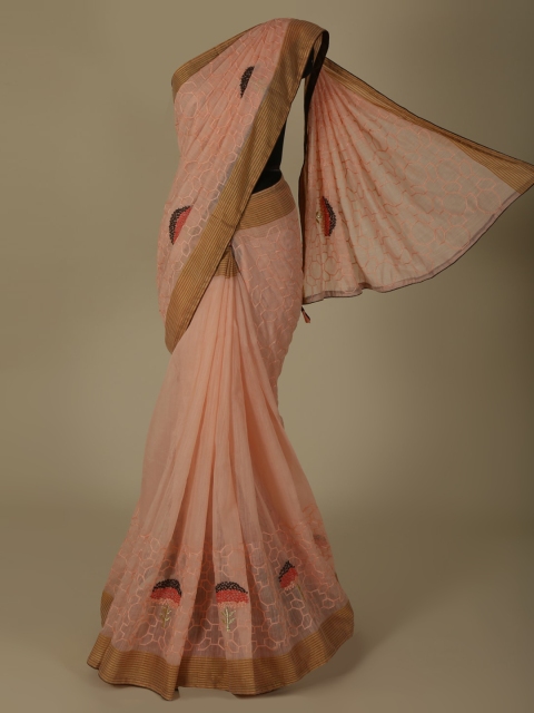 

Pothys Pink & Gold-Coloured Linen Blend Embroidered Saree