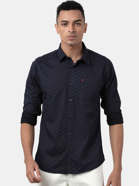 

DERBY JEANS COMMUNITY Men Navy Blue Slim Fit Printed Casual Shirt