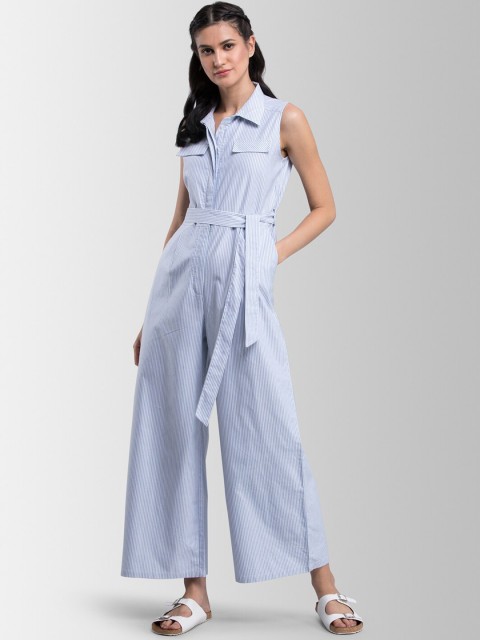 

FableStreet Women Blue & White Striped Basic Jumpsuit