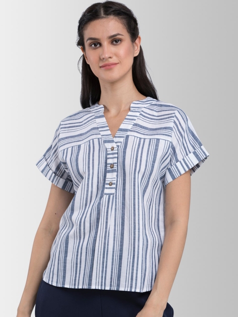 

FableStreet Women White Striped Pure Cotton Top