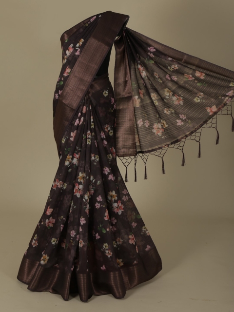 

Pothys Brown Printed Linen Blend Saree