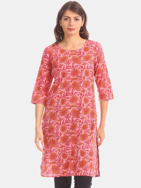 

Karigari Women Pink & Orange Printed Straight Kurta