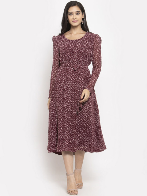 

Just Wow Women Burgundy & White Printed Fit and Flare Dress