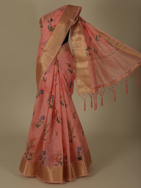 

Pothys Peach-Coloured & Gold-Coloured Linen Blend Printed Saree
