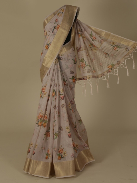 

Pothys Pink & Gold-Coloured Linen Blend Printed Saree