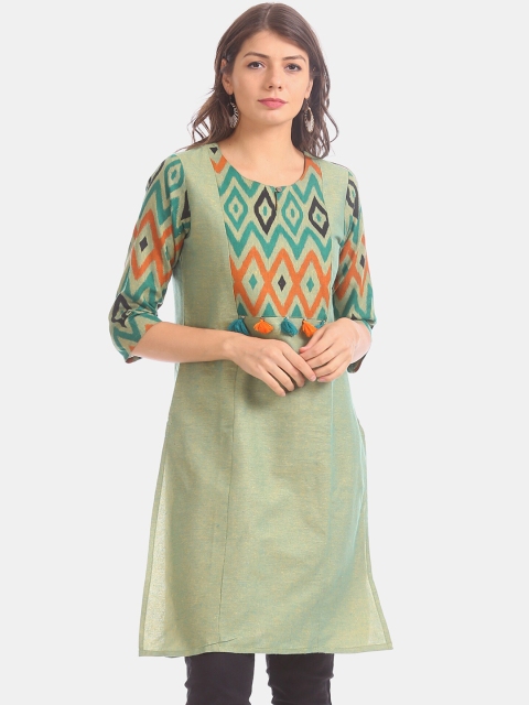

Karigari Women Green & Orange Printed Pathani Kurta