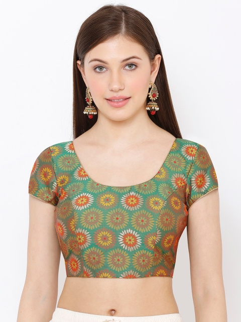 

SALWAR STUDIO Women Green Printed Brocade Readymade Saree Blouse