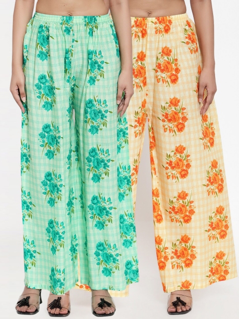 

NEUDIS Women Pack Of 2 Printed Wide Leg Palazzos, Green