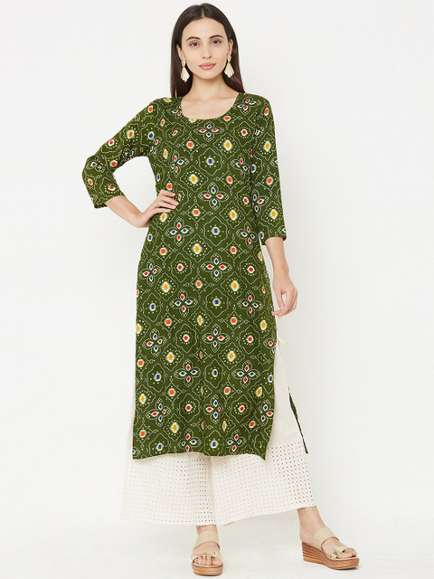 

FASHOR Women Green & Yellow Printed Straight Kurta