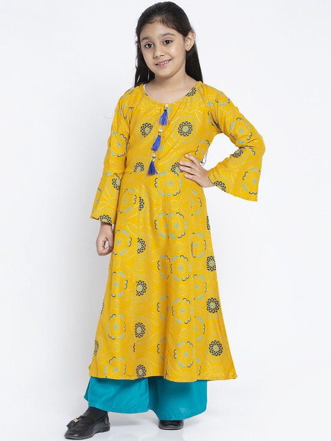

Baani Creations Girls Yellow Printed Kurta with Blue Palazzos