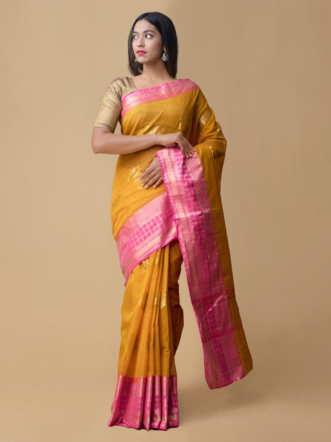 

Unnati Silks Yellow & Pink Silk Cotton Woven Design Kota Saree