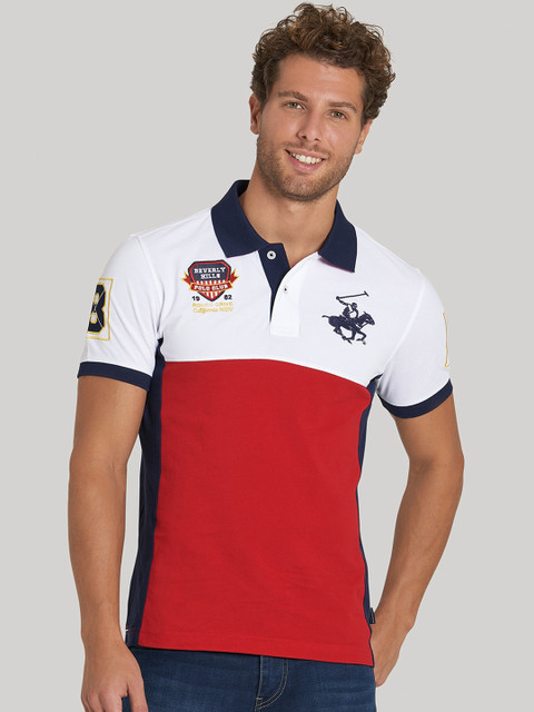 

Beverly Hills Polo Club Men White & Red Colourblocked Polo Collar T-shirt