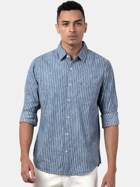 

DERBY JEANS COMMUNITY Men Blue & White Slim Fit Striped Casual Shirt