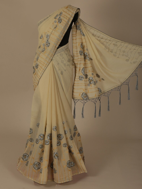 

Pothys Cream-Coloured & White Jute Silk Embellished Saree