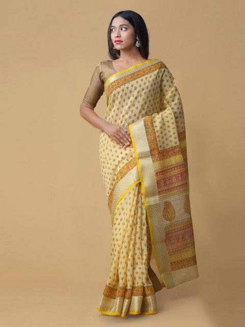 

Unnati Silks Yellow & Red Pure Cotton Printed Handloom Saree